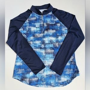 NWOT Ladies M Emerald 18 Graphic Blues Long Sleeve 1/4 Zip Stretch Golf Shirt